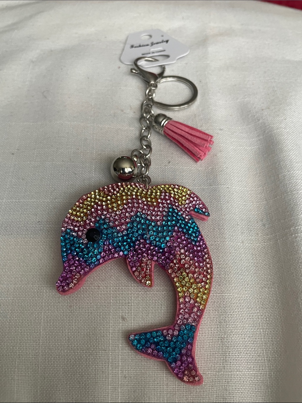 Fashion Jewelry Pink Multicolor Rhinestone Dolphin Keychain with Tassel